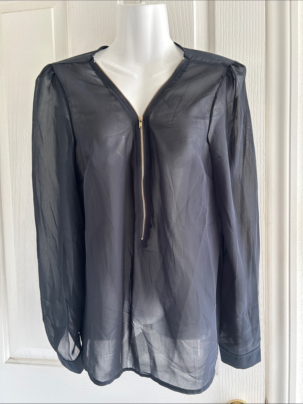 Sheer Black Long-Sleeve Zip Front Blouse